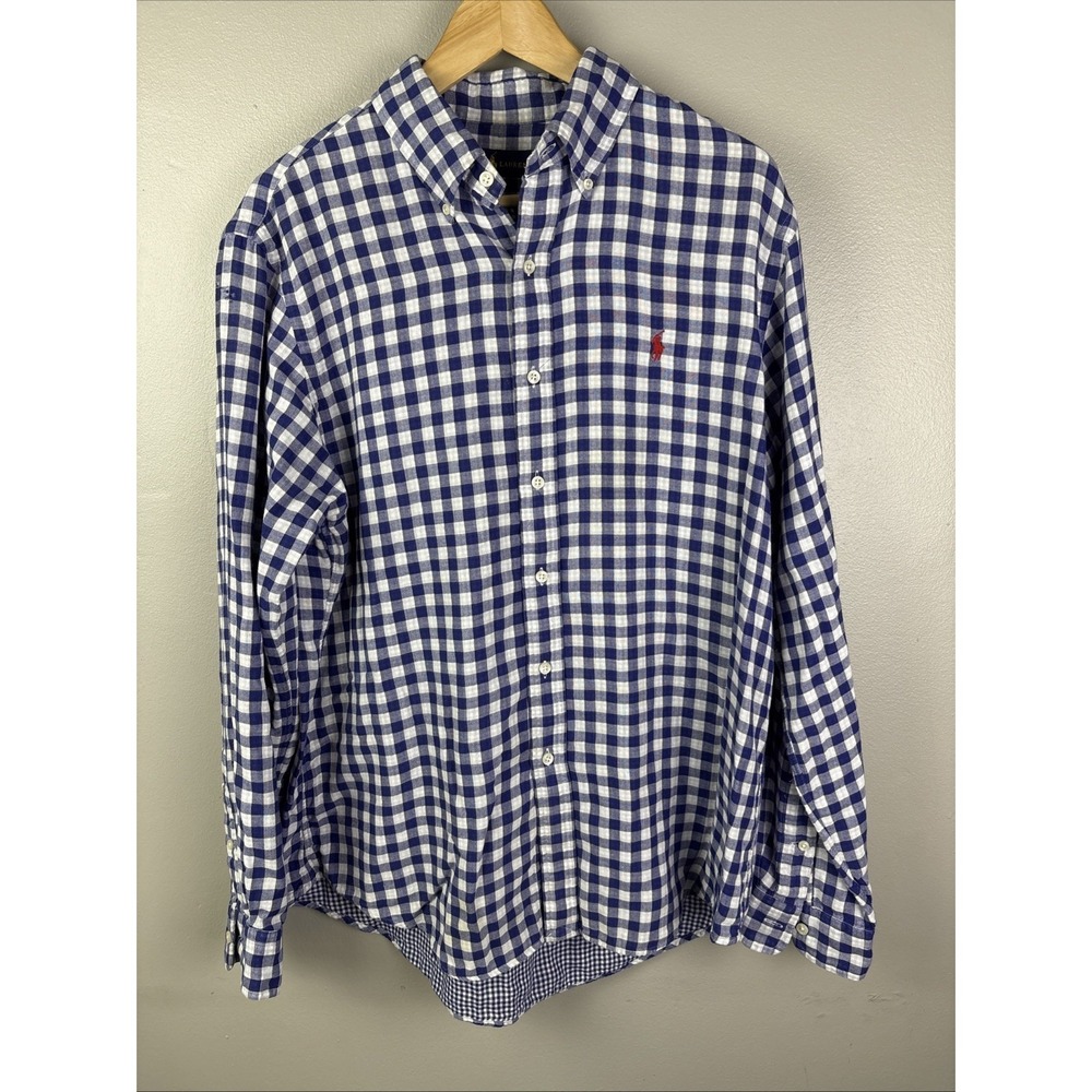 Polo Ralph Lauren Long Sleeve Button Down Lined Shirt Large Blue Check Old Money